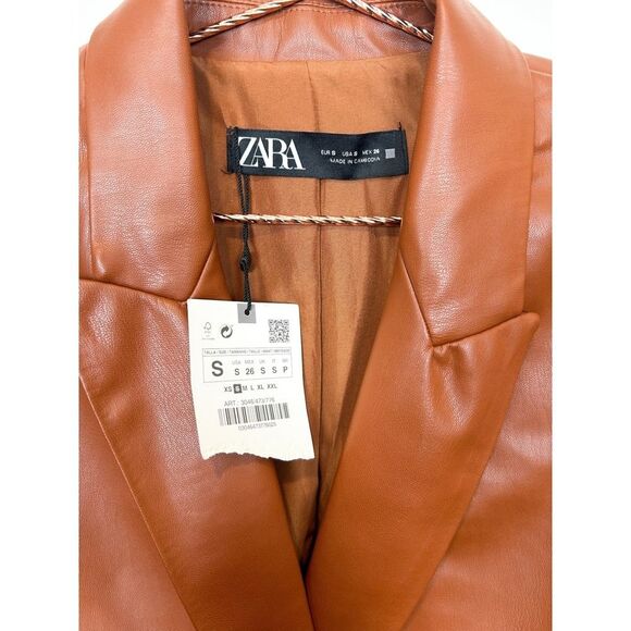 NWT Zara Faux Vegan Leather Oversized Boyfriend Brown Cognac Blazer Jacket - Picture 6 of 9